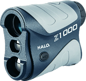 Halo Z1000 Rangefinder Powerful 7× magnification, 1,000 yard accuracy to ½ yard, scan, pulse, and fog modes, rubber-armored chassis, water-resistant.